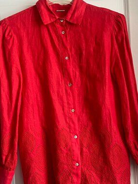 NWT $285 ELIE TAHARI EMBROIDERED LINEN BLOUSE RED M